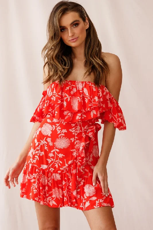 Inventory Reduction Audrina Off-Shoulder Wrap Dress Floral Print Red