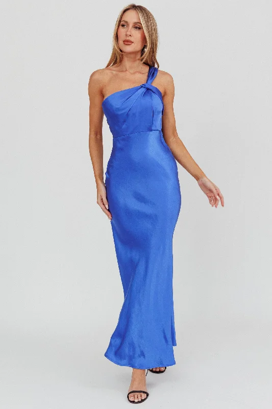 Exclusive Preview Fly Love Satin One Shoulder Maxi Dress Navy