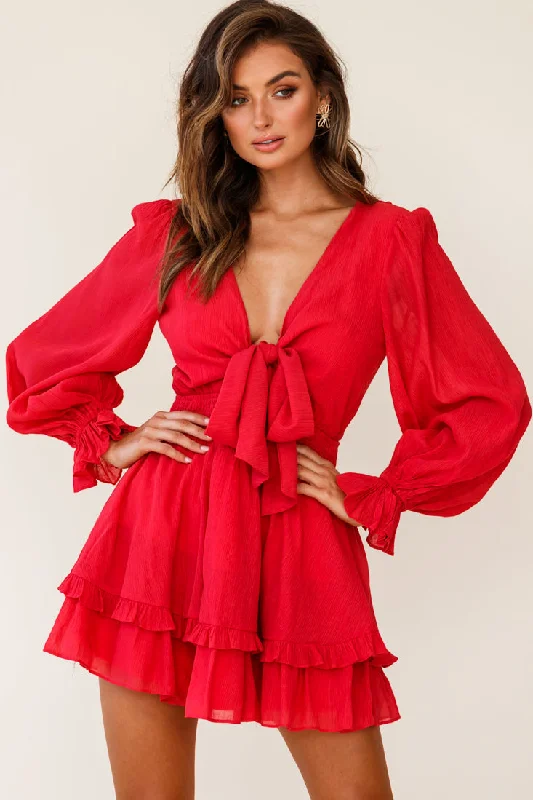 Super Deal Anthea Bow-Tie Front Layered Frill Dress Red