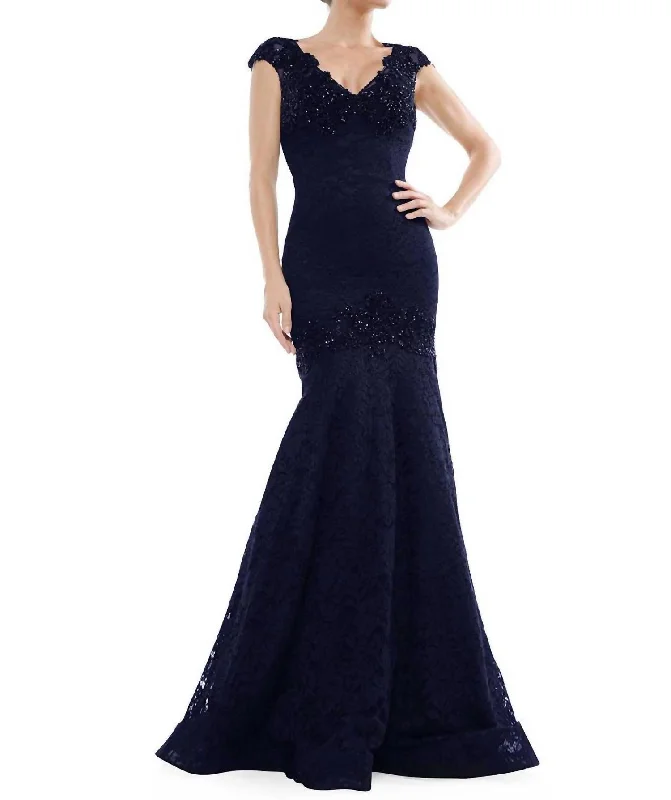 Quick Sale Embellished Lace Fitted Trumpet Gown In Midnight