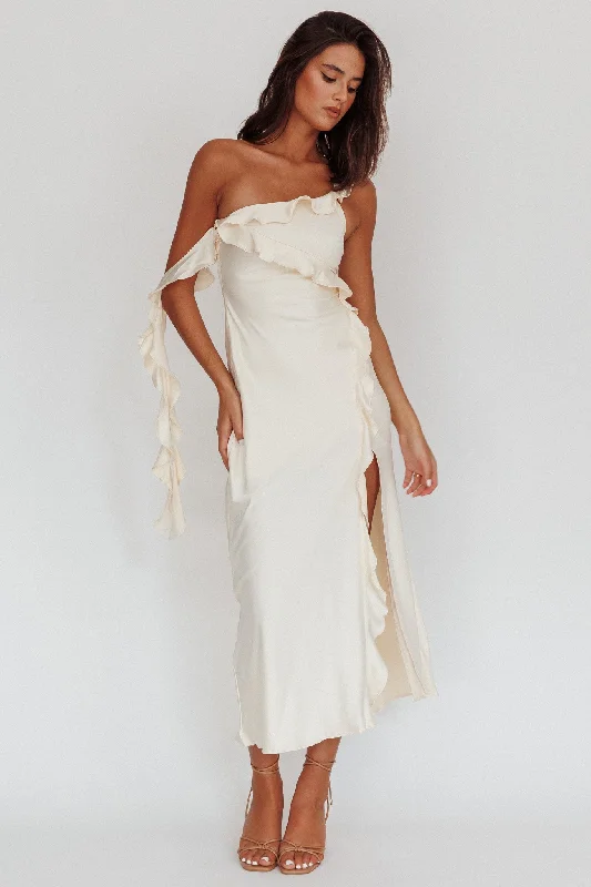 New Markdowns Like Yesterday Satin Ruffle Midi Dress Butter