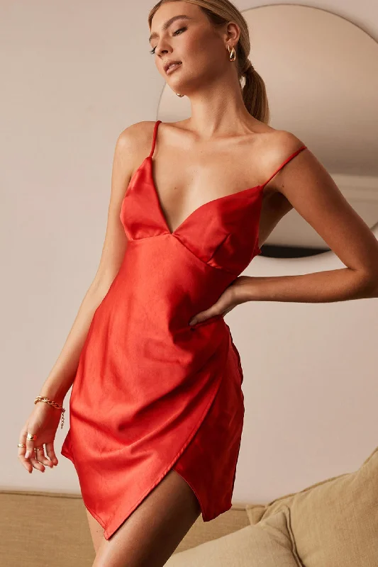 Super Deal Thank Me Later Cami Strap Asymmetrical Hem Dress Red