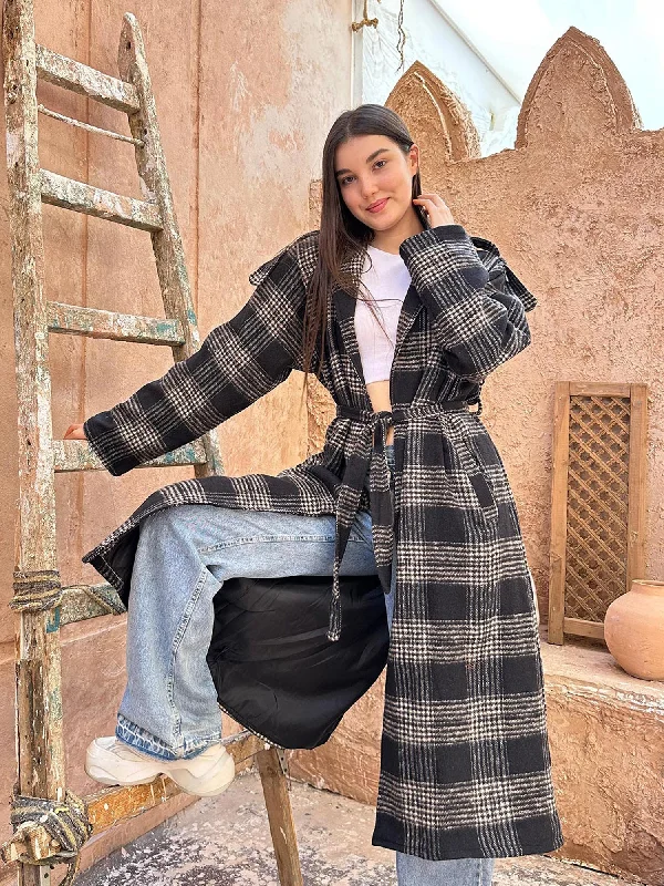 Shop and Save Wool Checked Belted Trench Coat - Leocansa