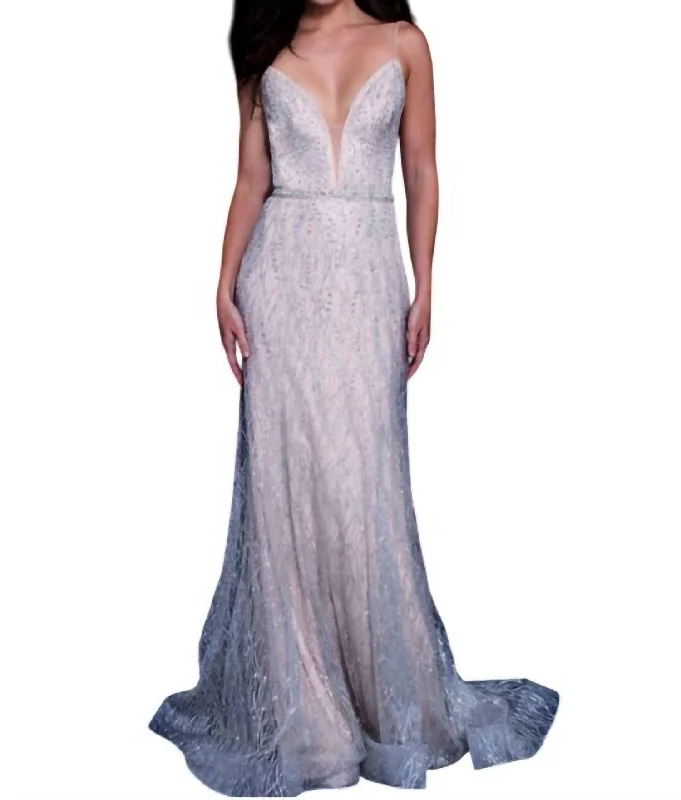 Final Markdown Plunging V-Neck Prom Dress In Nude/siver