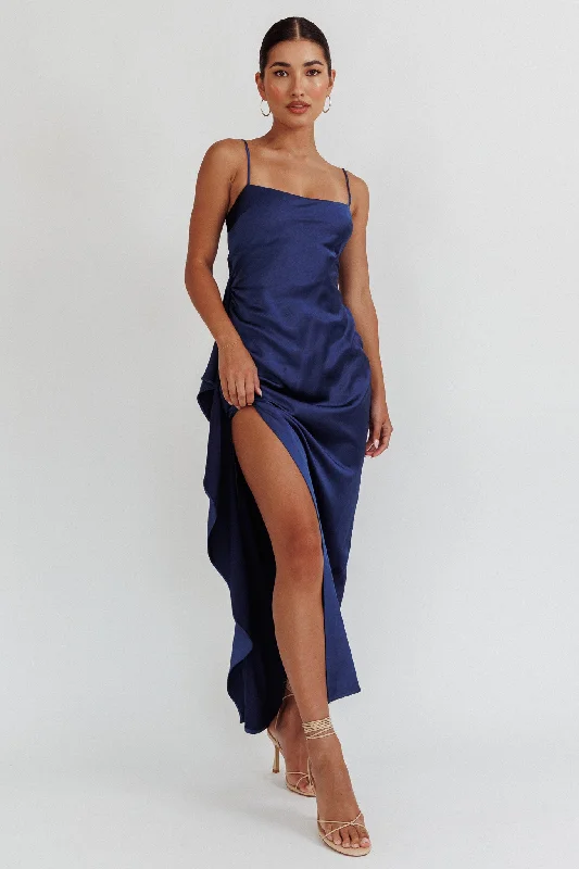 Stock Clearance Night Swim Satin Leg Slit Maxi Dress Navy