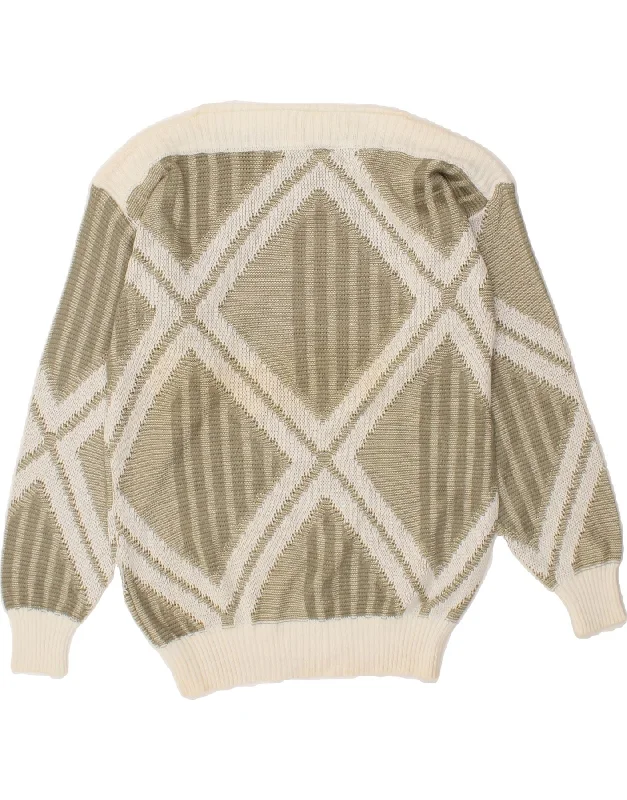 Huge Discounts VINTAGE Womens Boat Neck Jumper Sweater UK 14 Medium Beige Argyle/Diamond