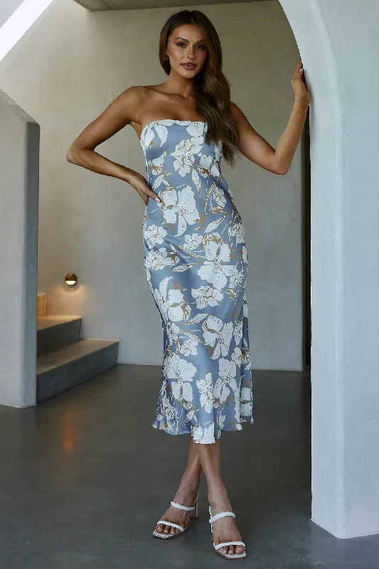 Can't Miss Ladies' Night Cowl Back Midi Dress Floral Blue