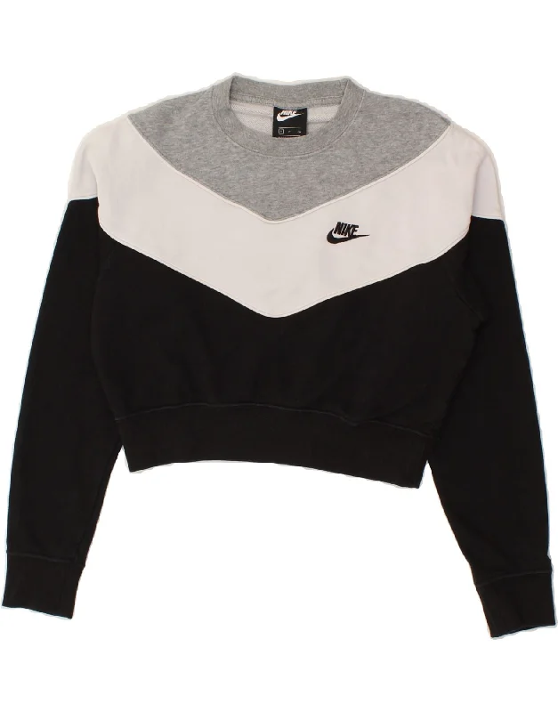 Final Sale NIKE Womens Crop Sweatshirt Jumper UK 10 Small Black Colourblock Cotton