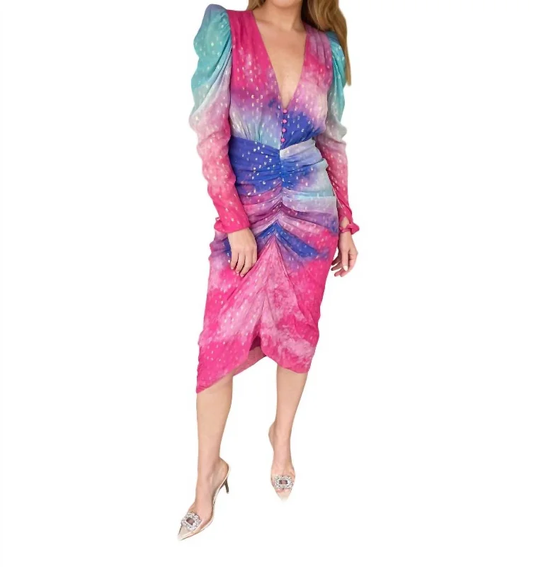 Don’t Miss Out Cloud Ruched Midi Dress In Blue And Pink