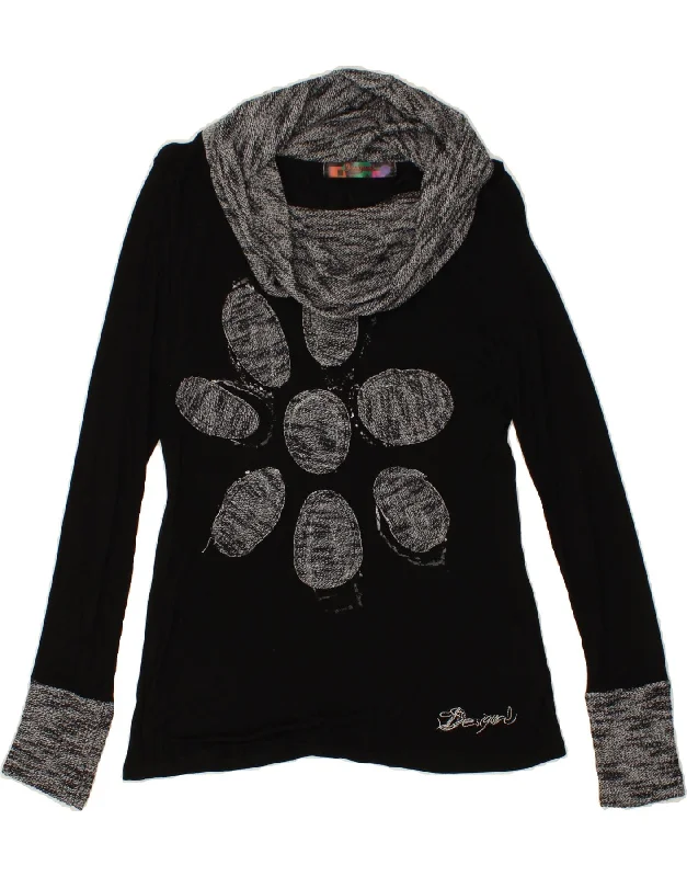 Discount Days DESIGUAL Womens Graphic Roll Neck Jumper Sweater UK 12 Medium Black Floral