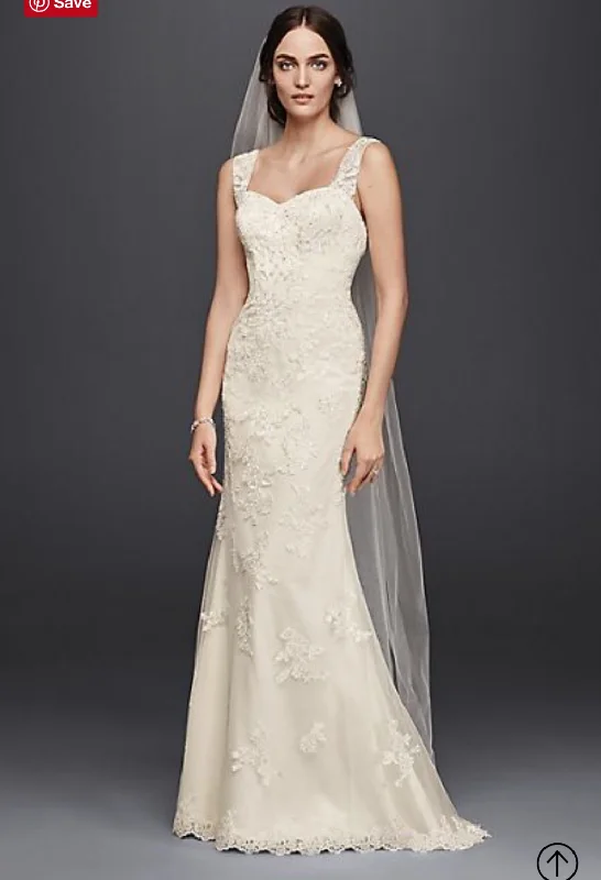 Overstock David's Bridal Petite Lace Wedding Dress with Tank Straps