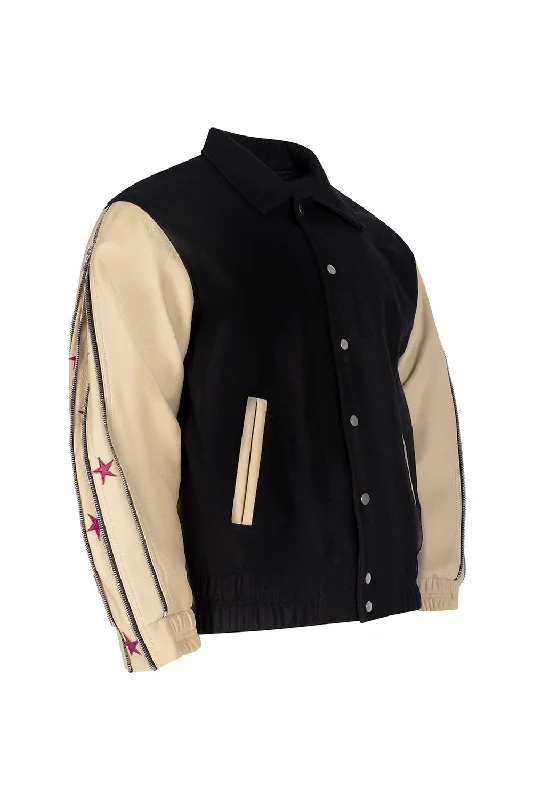 Steals and Deals SUNSET RODEO LEATHER VARSITY JACKET-BLACK/CREAM