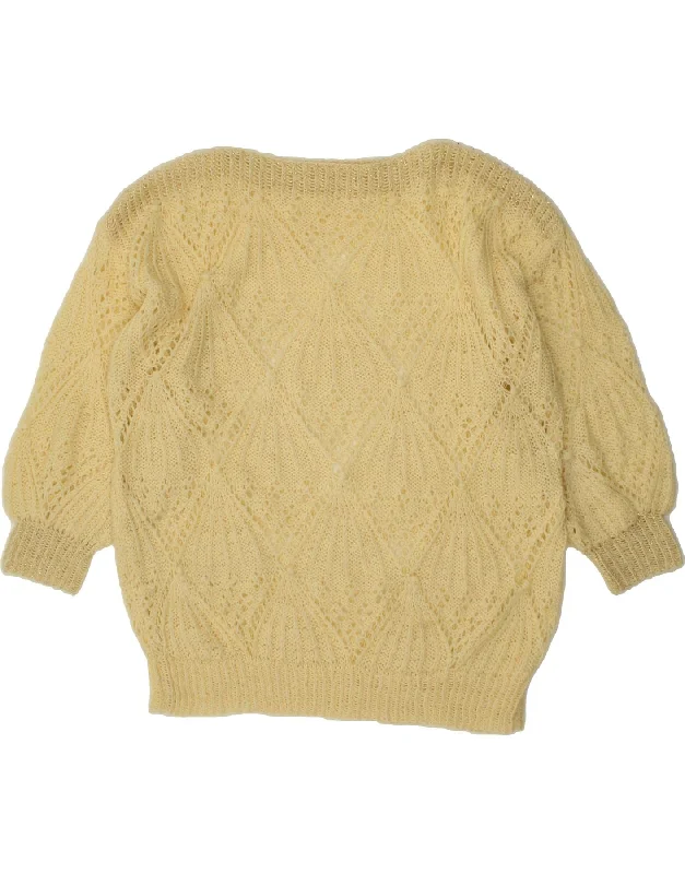 Flash Deals VINTAGE Womens See Through Boat Neck Jumper Sweater UK 16 Large Yellow