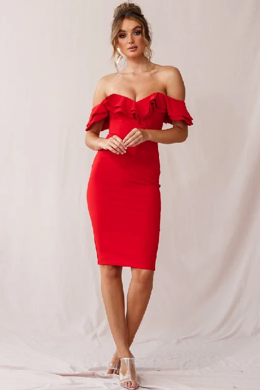 Reduced Prices Rossi Ruffled Off The Shoulder Bodycon Dress Red