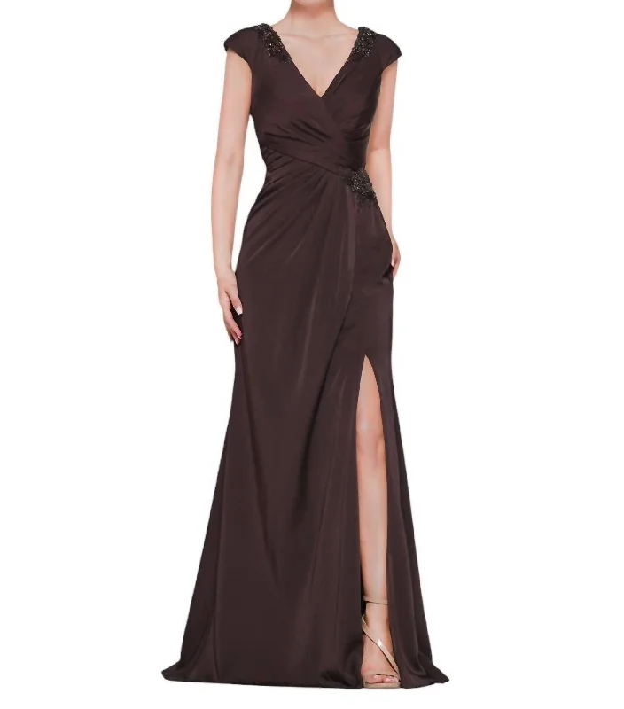 Overstock Cap Sleeve High Slit Formal Dress In Dark Brown