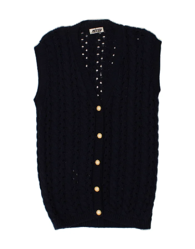 Blowout Sale VINTAGE Womens Sleeveless Cardigan Sweater UK 16 Large Navy Blue Cotton