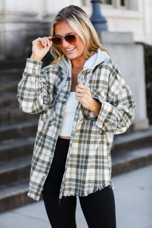 Big Discounts Wintery Behavior Olive Plaid Hooded Shacket