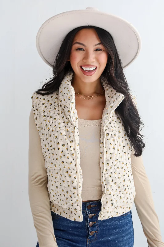 Great Bargains Charming Comfort Cream Floral Corduroy Puffer Vest