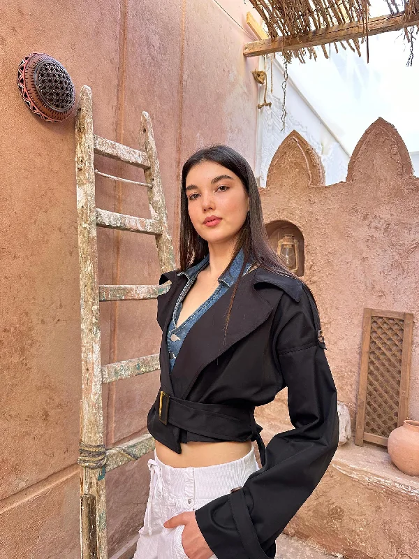 Act Now Gabardine Cropped Trench With Belt - Leocansa