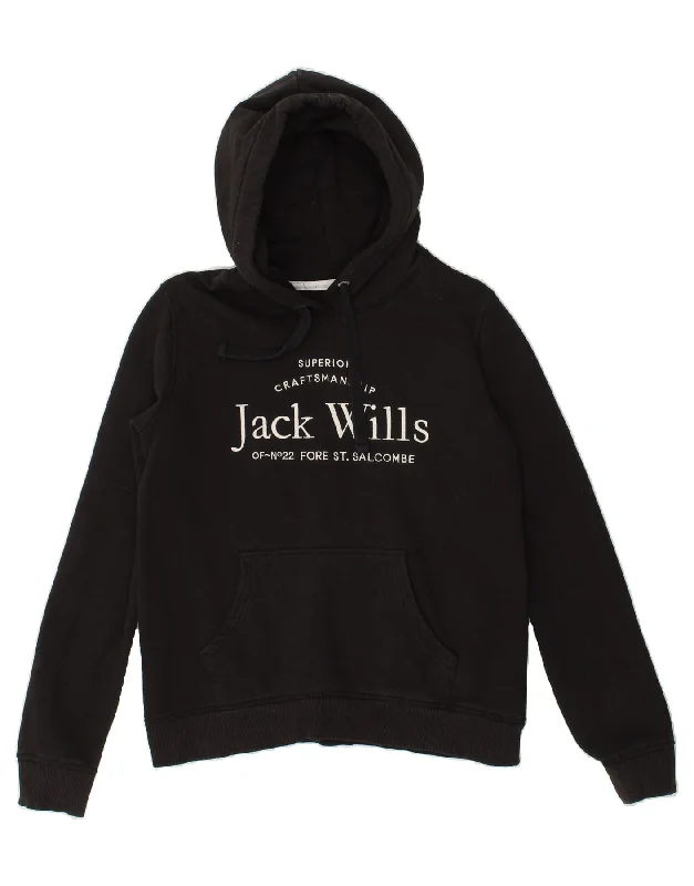 Exclusive Access JACK WILLS Womens Graphic Hoodie Jumper UK 10 Small Black Cotton
