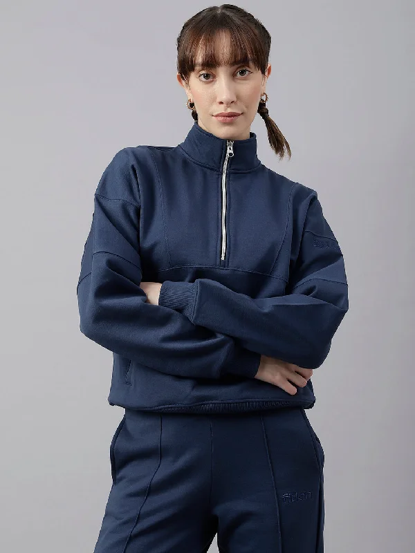 Act Fast Fitkin Women Blue Regular Fit Fleece Sweatshirt